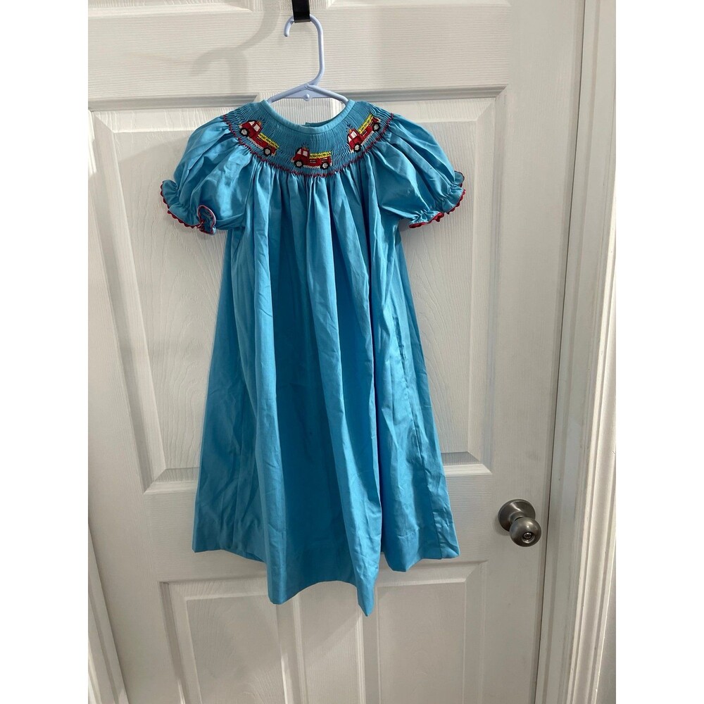 Smockadot Kids Smocked Fire Trucks Dress Size 4T Blue New Without Tag